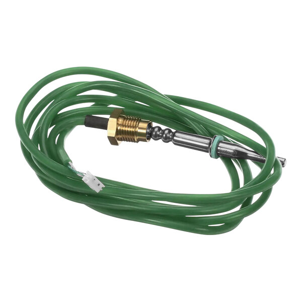 A green wire with a metal connector and rod.