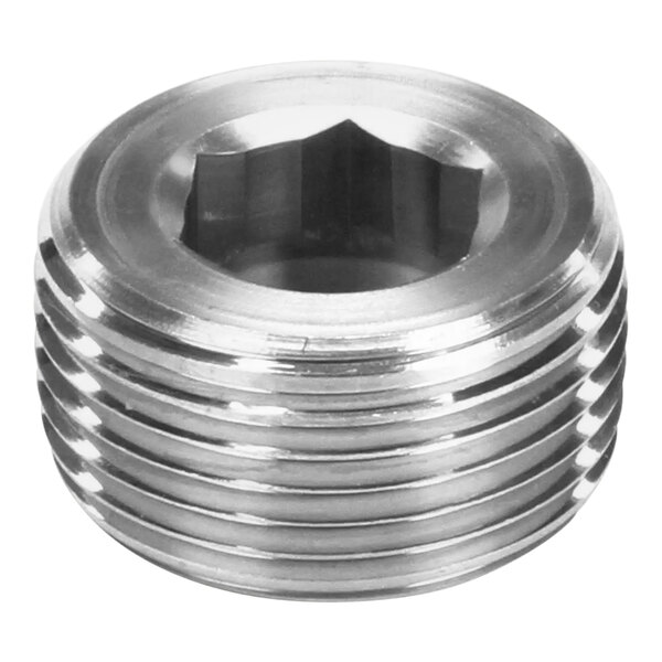 A close-up of a stainless steel threaded Henny Penny plug pipe nut.