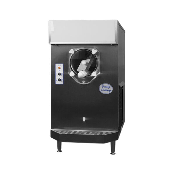 A black Frosty Factory slushy machine with a round window.