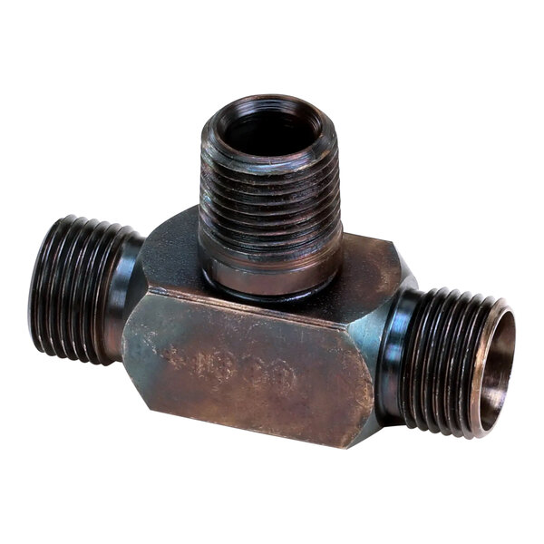 A close-up of a Henny Penny male pipe branch tee fitting with a threaded end.