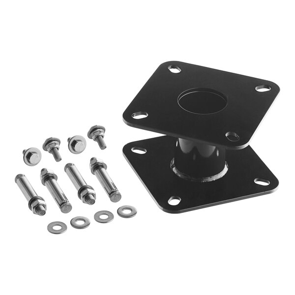 A black metal bracket with screws for mounting a Lancaster Table & Seating outdoor trash can.