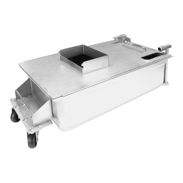 A stainless steel Henny Penny assembly drain pan with a black lid.