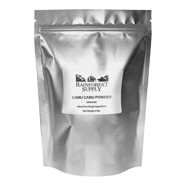 A silver bag of Rainforest Supply Organic Camu Camu Powder with a white label.