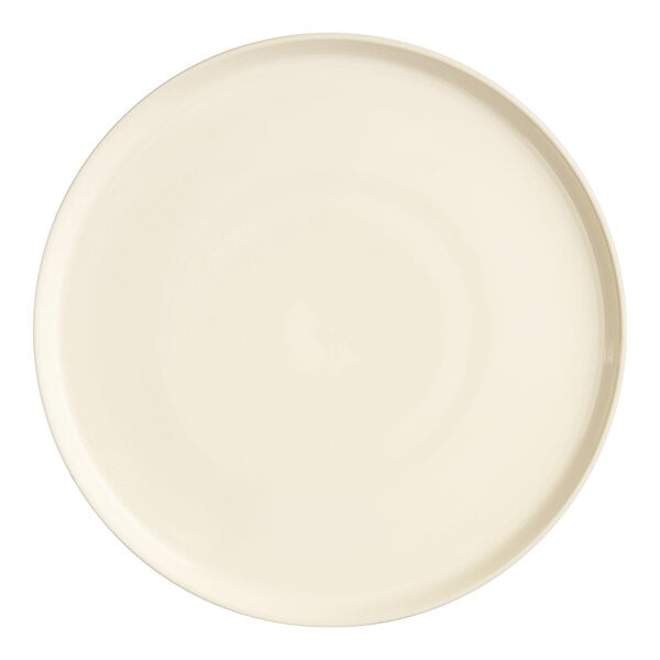 An ivory stoneware plate with a white rim.