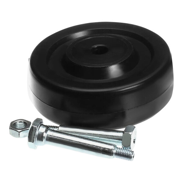 A black round object with a hole in the center, a screw, and a nut.