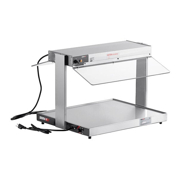 A silver rectangular ServIt food warmer with a glass top.