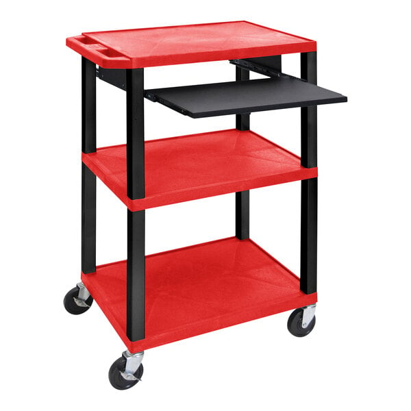 A red and black Luxor plastic utility cart with a pullout keyboard tray.