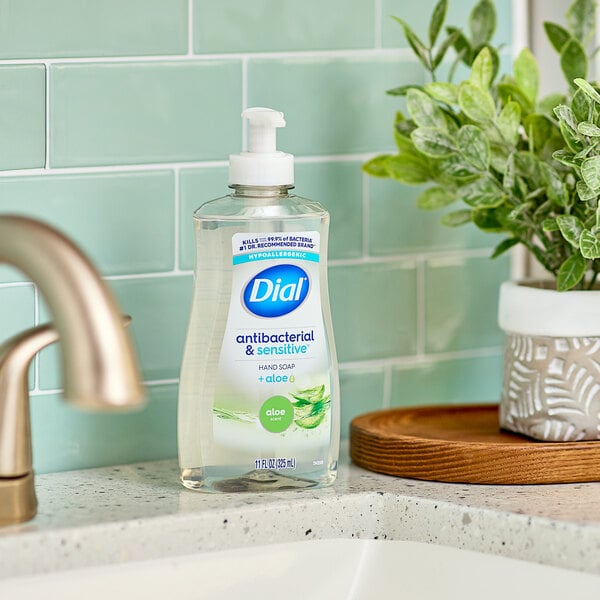 A plastic bottle of Dial Aloe Liquid Hand Soap on a kitchen counter.