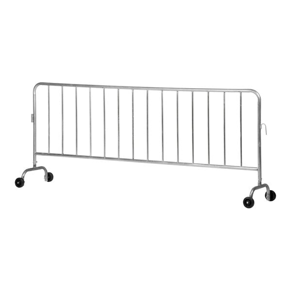 A metal fence with wheeled feet.