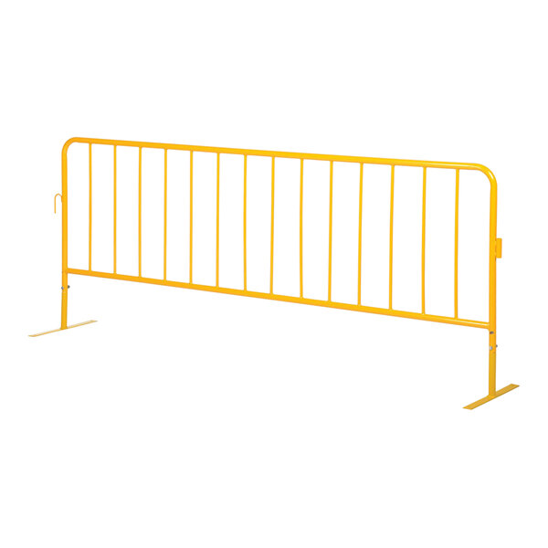 A yellow heavy-duty steel crowd control barrier with flat feet.