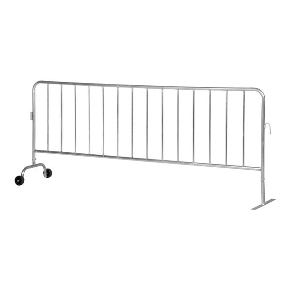 A Vestil metal crowd control barrier with wheels.