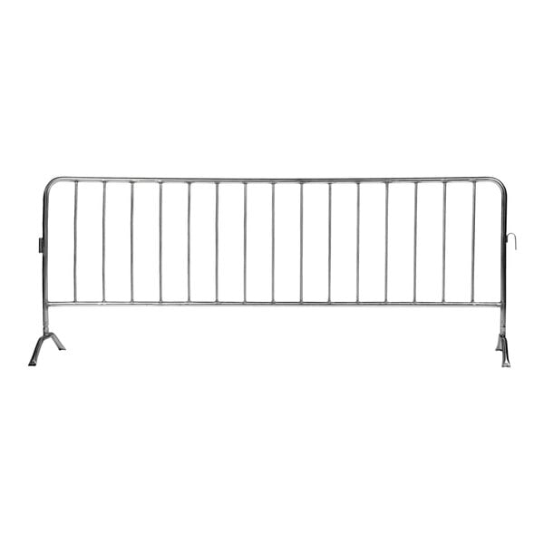 A Vestil heavy-duty stainless steel crowd control barrier with curved feet.