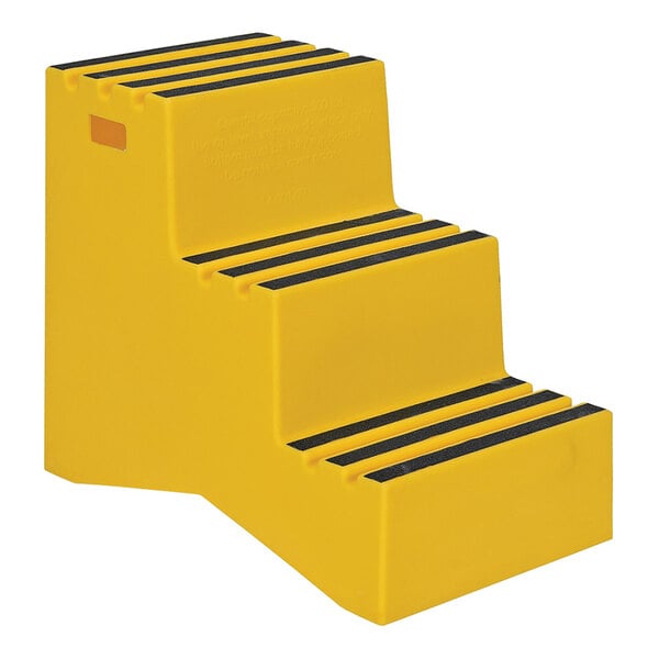 A yellow Vestil three-step step stool with black stripes.