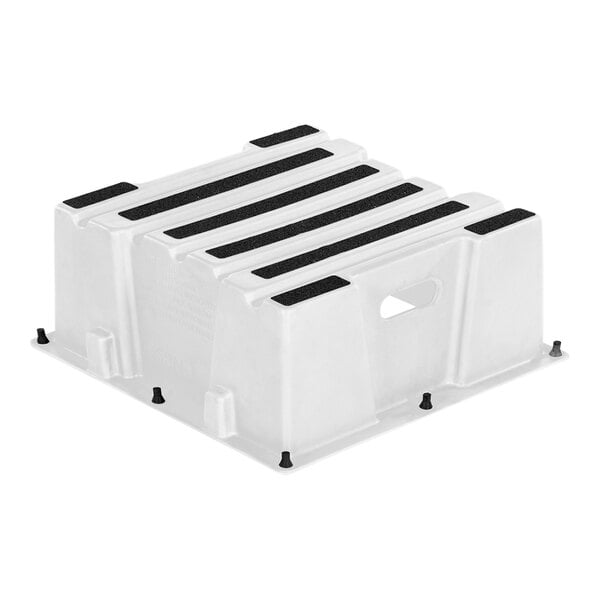 A white plastic Vestil step stool with black stripes on the top step.
