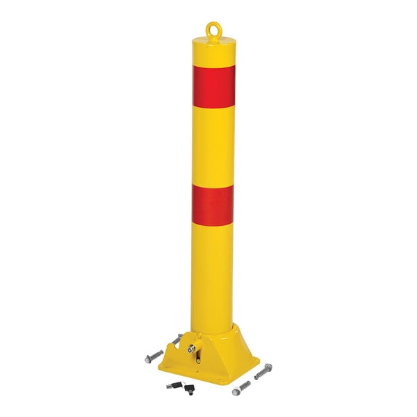 A yellow and red steel fold-down bollard with screws.