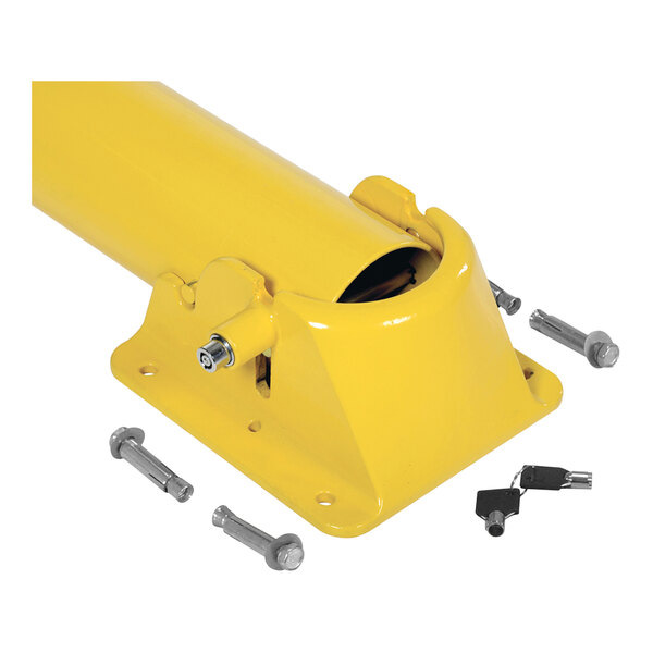 A yellow metal Vestil fold-down bollard with screws and nuts.