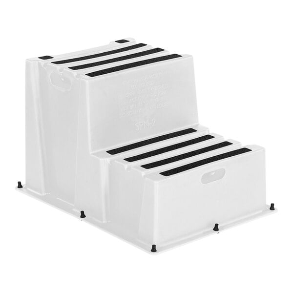 A white plastic Vestil step stool.