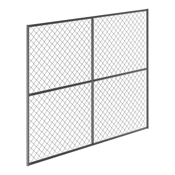 A close-up of a Vestil galvanized steel mesh safety barrier panel.
