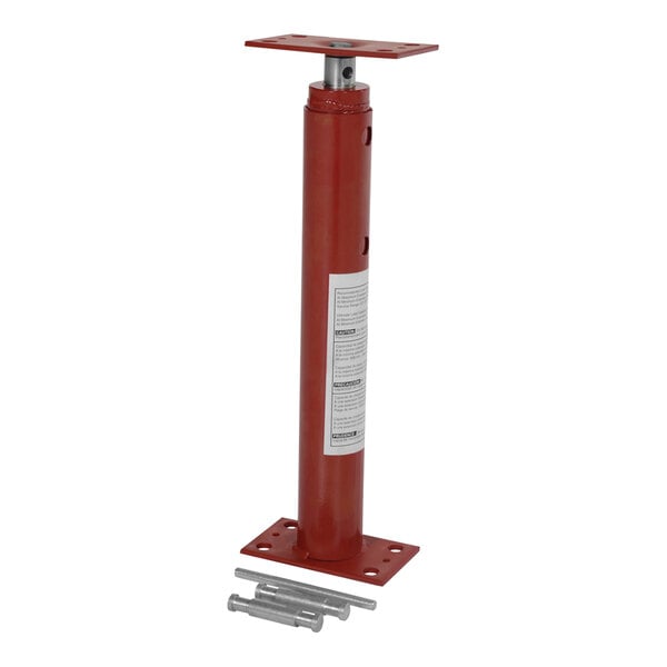 A red metal Vestil telescoping cylinder with screws and a metal rod.