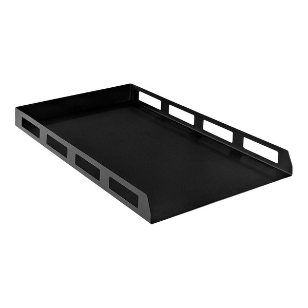 A black rectangular tray with holes and a shelf for a ACP XpressChef.