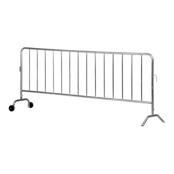 A Vestil galvanized steel crowd control barrier with wheels.