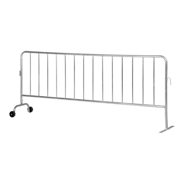 A Vestil heavy-duty metal crowd control barrier with wheels.