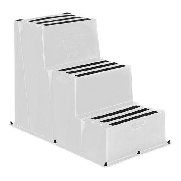 A stack of three white Vestil step stools with black stripes.