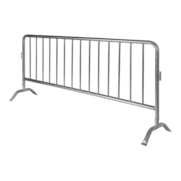 A Vestil heavy-duty galvanized steel crowd control barrier with curved feet.