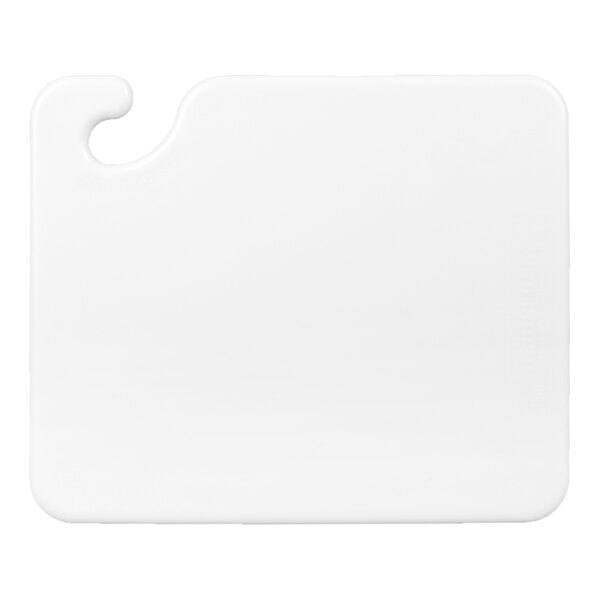 A white San Jamar cutting board with a hook.