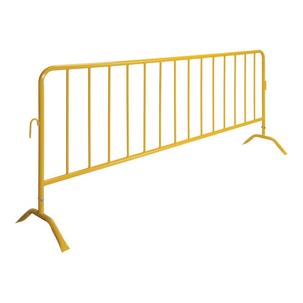 A yellow steel crowd control barrier with curved feet.