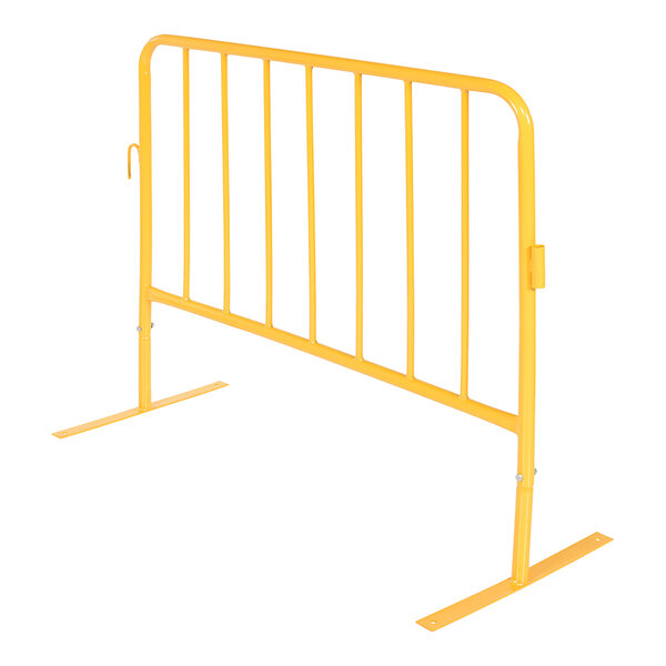 A yellow metal fence with flat metal bars on a white background.
