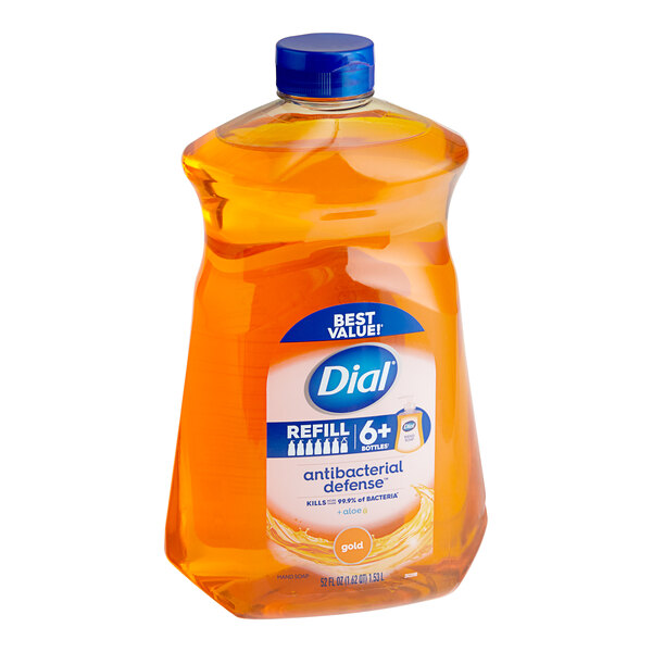 A 52 fl. oz. Dial Gold Liquid Hand Soap refill bottle with a blue cap.