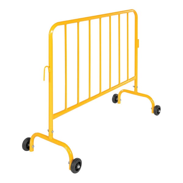 A yellow metal fence with wheels.