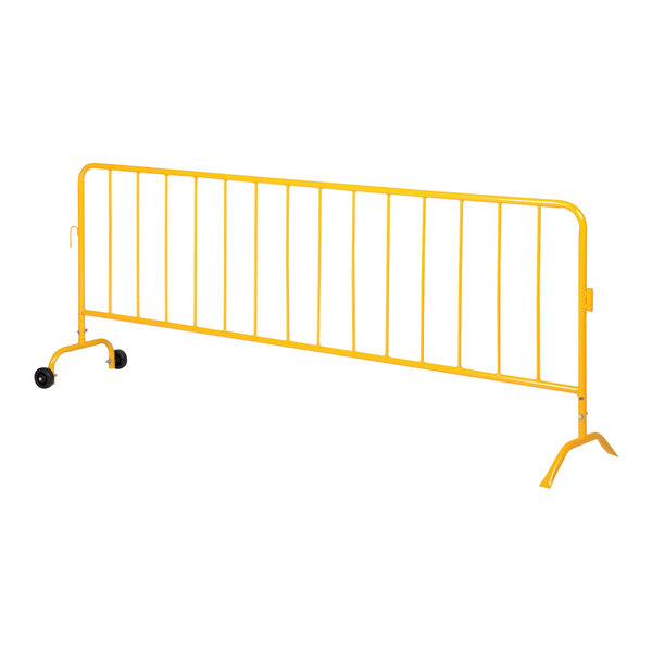 A yellow metal fence with wheeled white feet.