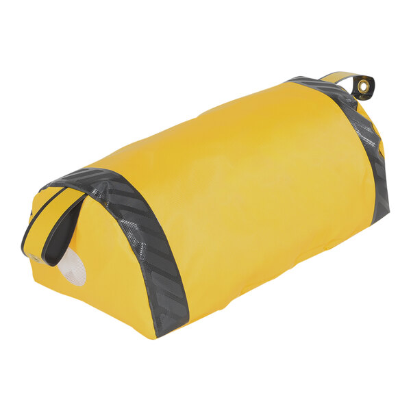 A yellow bag with black straps on a white background.