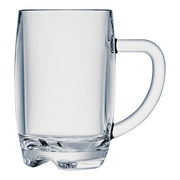 A clear plastic beer mug with a handle.