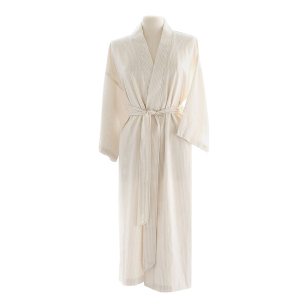 A white Telegraph Hill stone seersucker double layer bath robe with a belt on a mannequin.