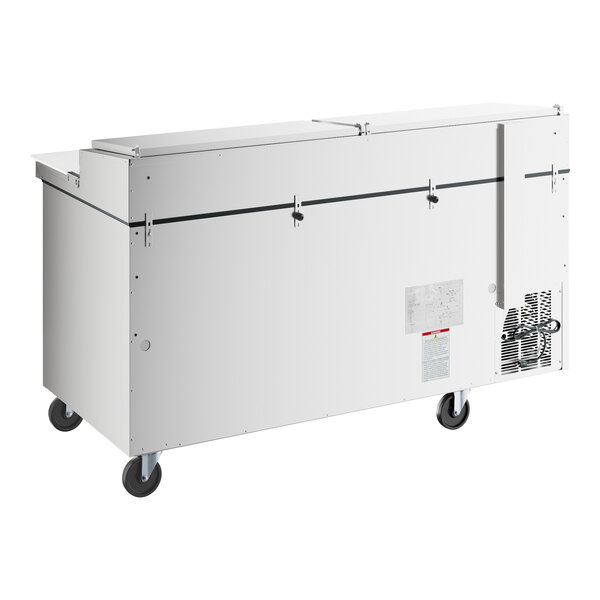 A white Hoshizaki refrigerated pizza prep table on wheels.