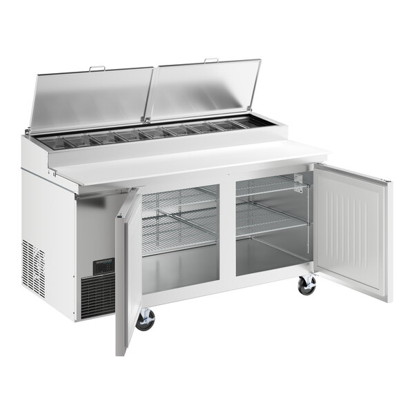 A Hoshizaki commercial pizza prep table with two open doors.