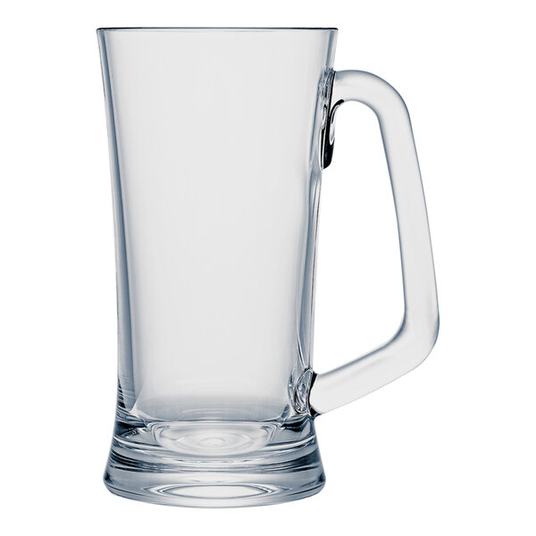 A clear plastic beer mug with a handle.