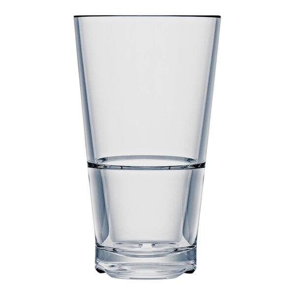 A stack of clear Strahl CapellaStack plastic cooler glasses with a white background.