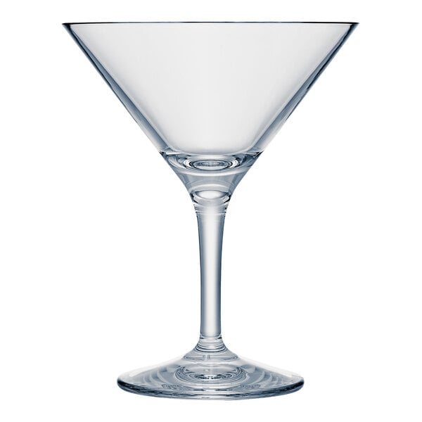 A clear plastic martini glass with a clear stem.