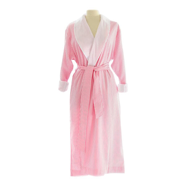 A Telegraph Hill pink seersucker bath robe with white trim on a mannequin.