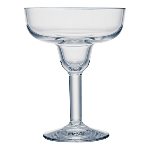 A clear plastic margarita glass with a stem and rim.