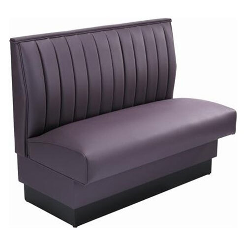 An American Tables & Seating purple upholstered booth with black legs.