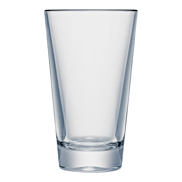 A clear plastic mixing glass with a white background.