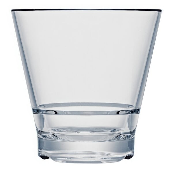 A clear plastic Strahl CapellaStack double old fashioned glass with a black rim.