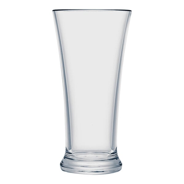 A clear plastic flared pilsner glass.