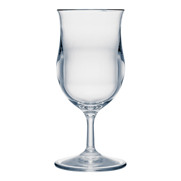 A clear plastic Poco glass with a stem.