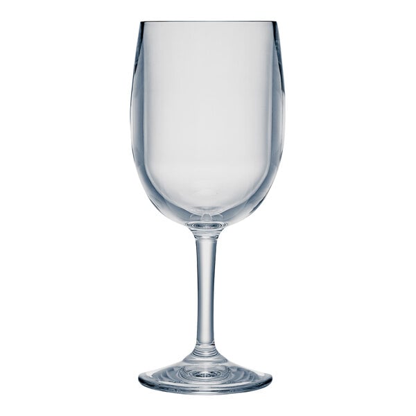 A clear Strahl Design plastic wine glass with a stem.